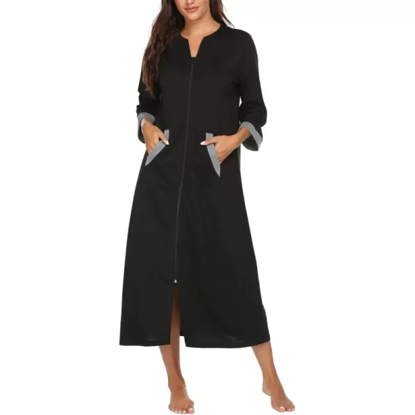 Ekouaer Women Zipper Robe 34 Sleeves Loungewear Dress Full Length Sleepwear Pockets Housecoat Nightgown Long BathrobeStyle 1black