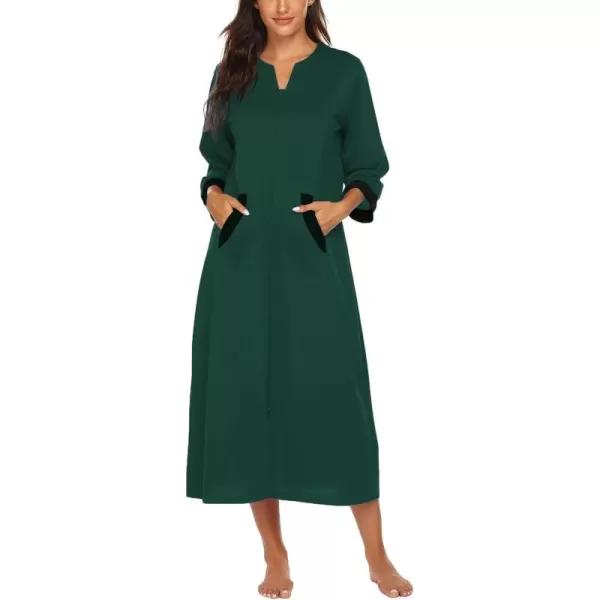 Ekouaer Women Zipper Robe 34 Sleeves Loungewear Dress Full Length Sleepwear Pockets Housecoat Nightgown Long BathrobeStyle 1dark Green