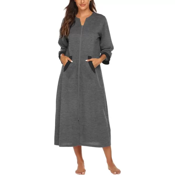 Ekouaer Women Zipper Robe 34 Sleeves Loungewear Dress Full Length Sleepwear Pockets Housecoat Nightgown Long BathrobeStyle 1dark Grey