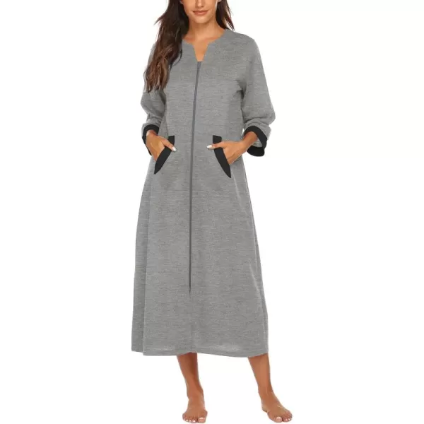 Ekouaer Women Zipper Robe 34 Sleeves Loungewear Dress Full Length Sleepwear Pockets Housecoat Nightgown Long BathrobeStyle 1grey