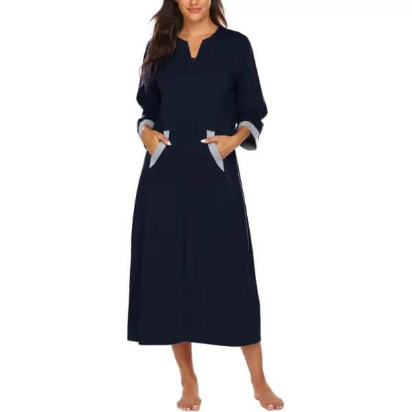 Ekouaer Women Zipper Robe 34 Sleeves Loungewear Dress Full Length Sleepwear Pockets Housecoat Nightgown Long BathrobeStyle 1navy