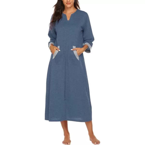 Ekouaer Women Zipper Robe 34 Sleeves Loungewear Dress Full Length Sleepwear Pockets Housecoat Nightgown Long BathrobeStyle 1navy Blue