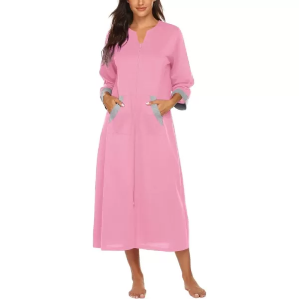 Ekouaer Women Zipper Robe 34 Sleeves Loungewear Dress Full Length Sleepwear Pockets Housecoat Nightgown Long BathrobeStyle 1pink