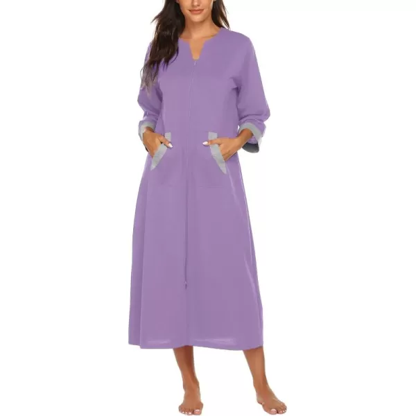 Ekouaer Women Zipper Robe 34 Sleeves Loungewear Dress Full Length Sleepwear Pockets Housecoat Nightgown Long BathrobeStyle 1purple