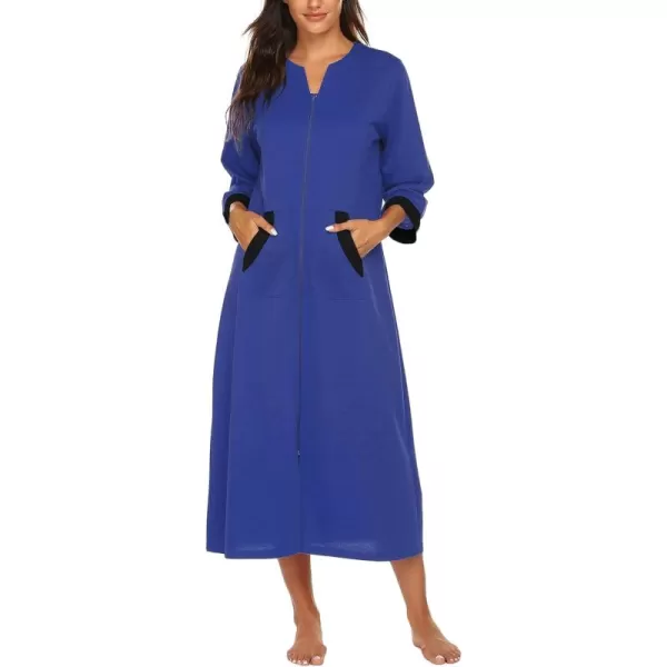 Ekouaer Women Zipper Robe 34 Sleeves Loungewear Dress Full Length Sleepwear Pockets Housecoat Nightgown Long BathrobeStyle 1snorkel Blue