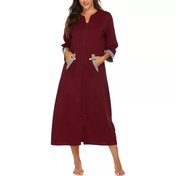 Ekouaer Women Zipper Robe 34 Sleeves Loungewear Dress Full Length Sleepwear Pockets Housecoat Nightgown Long BathrobeStyle 1wine Red