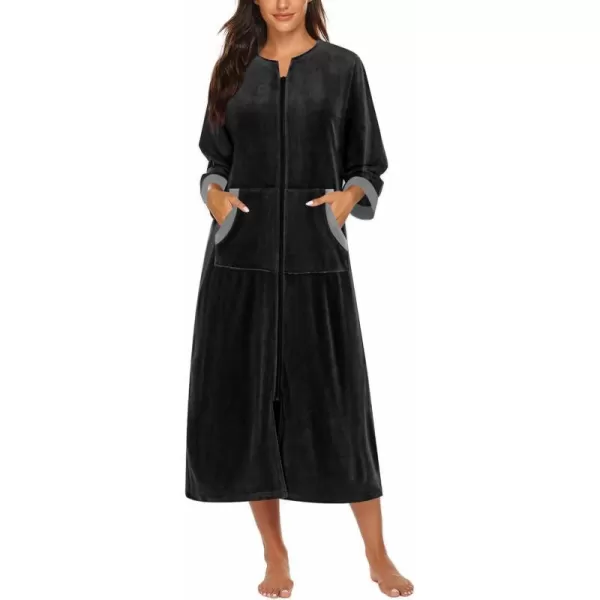 Ekouaer Women Zipper Robe 34 Sleeves Loungewear Dress Full Length Sleepwear Pockets Housecoat Nightgown Long BathrobeStyle 2velourblack