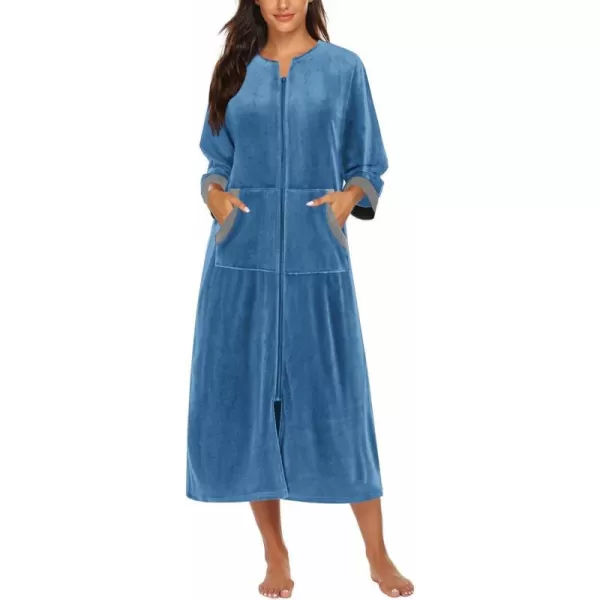 Ekouaer Women Zipper Robe 34 Sleeves Loungewear Dress Full Length Sleepwear Pockets Housecoat Nightgown Long BathrobeStyle 2velourblue