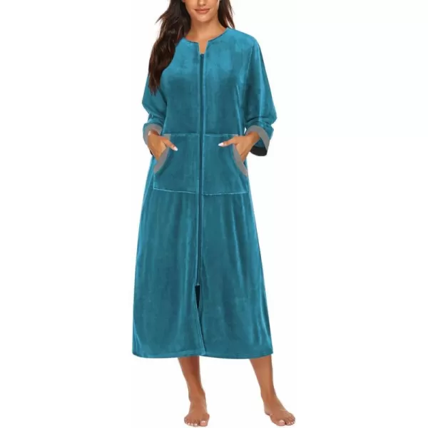 Ekouaer Women Zipper Robe 34 Sleeves Loungewear Dress Full Length Sleepwear Pockets Housecoat Nightgown Long BathrobeStyle 2velourblue2