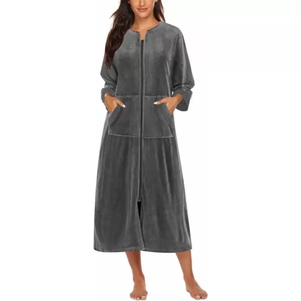 Ekouaer Women Zipper Robe 34 Sleeves Loungewear Dress Full Length Sleepwear Pockets Housecoat Nightgown Long BathrobeStyle 2velourgrey