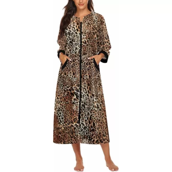 Ekouaer Women Zipper Robe 34 Sleeves Loungewear Dress Full Length Sleepwear Pockets Housecoat Nightgown Long BathrobeStyle 2velourleopard Print