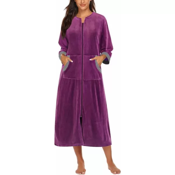 Ekouaer Women Zipper Robe 34 Sleeves Loungewear Dress Full Length Sleepwear Pockets Housecoat Nightgown Long BathrobeStyle 2velourpurple