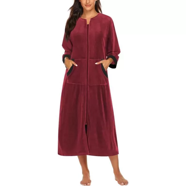 Ekouaer Women Zipper Robe 34 Sleeves Loungewear Dress Full Length Sleepwear Pockets Housecoat Nightgown Long BathrobeStyle 2velourred