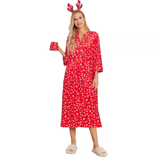 Ekouaer Women Zipper Robe 34 Sleeves Loungewear Dress Full Length Sleepwear Pockets Housecoat Nightgown Long BathrobeStyle 4christmas Red Print