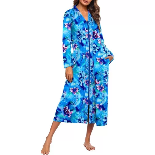 Ekouaer Women Zipper Robe Long Sleeve Loungewear Lightweight Housecoat Full Length Nightgown with PocketsZbluefloral