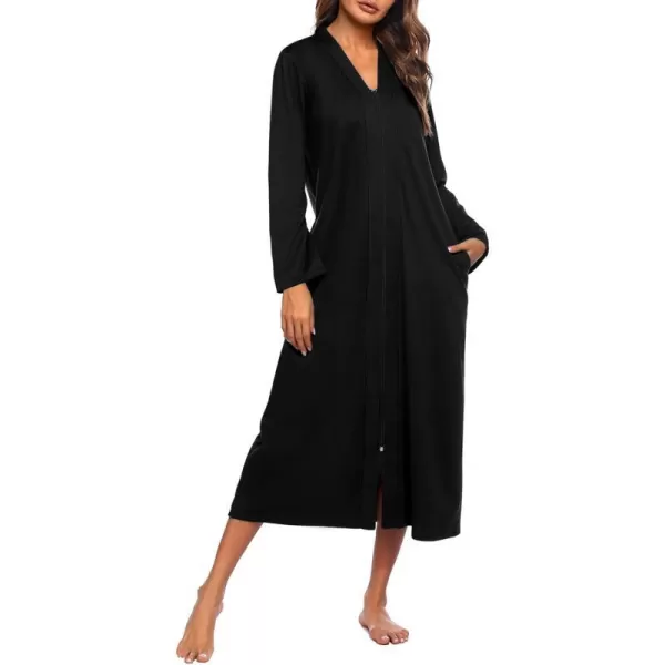 Ekouaer Women Zipper Robe Long Sleeve Loungewear Lightweight Housecoat Full Length Nightgown with PocketsZpure Black