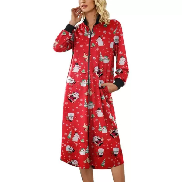 Ekouaer Women Zipper Robe Long Sleeve Nightgown Full Length Christmas Nightshirt Plaid Sleepshirt Women Long House CoatRed Christmas