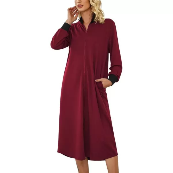 Ekouaer Women Zipper Robe Long Sleeve Nightgown Full Length Christmas Nightshirt Plaid Sleepshirt Women Long House CoatWine Red