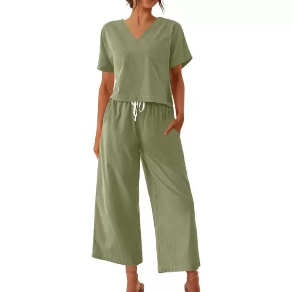 Ekouaer Womens 100 Cotton Linen Lounge Set Short Sleeve Top Pajamas Wide Leg Pants Loungewear Outfits Pocket SXXLGreen