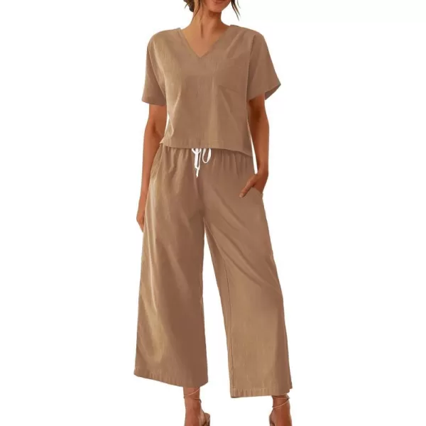 Ekouaer Womens 100 Cotton Linen Lounge Set Short Sleeve Top Pajamas Wide Leg Pants Loungewear Outfits Pocket SXXLKhaki