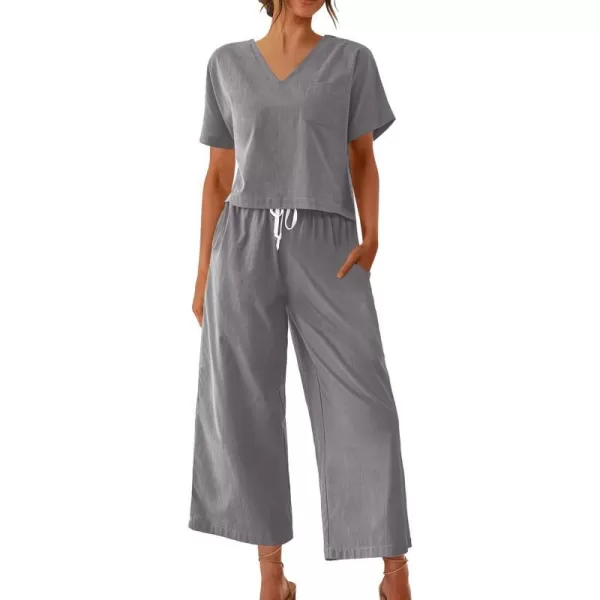 Ekouaer Womens 100 Cotton Linen Lounge Set Short Sleeve Top Pajamas Wide Leg Pants Loungewear Outfits Pocket SXXLLight Gray