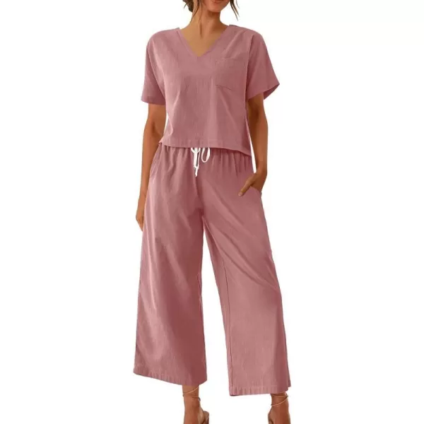 Ekouaer Womens 100 Cotton Linen Lounge Set Short Sleeve Top Pajamas Wide Leg Pants Loungewear Outfits Pocket SXXLRed