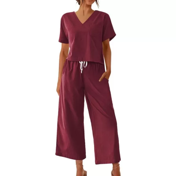 Ekouaer Womens 100 Cotton Linen Lounge Set Short Sleeve Top Pajamas Wide Leg Pants Loungewear Outfits Pocket SXXLWine