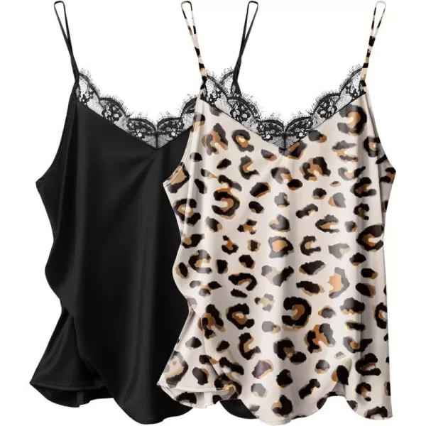 Ekouaer Womens 2 PCS Lace Silk Stain Cami Tank Top Basic V Neck Camisole Spaghetti Strap TopsBlack amp Leopard