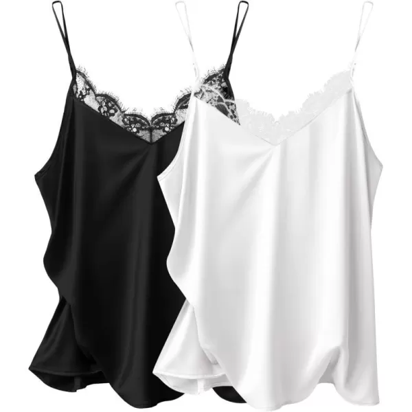 Ekouaer Womens 2 PCS Lace Silk Stain Cami Tank Top Basic V Neck Camisole Spaghetti Strap TopsBlackampwhite