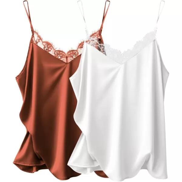 Ekouaer Womens 2 PCS Lace Silk Stain Cami Tank Top Basic V Neck Camisole Spaghetti Strap TopsWhite amp Caramel Colour