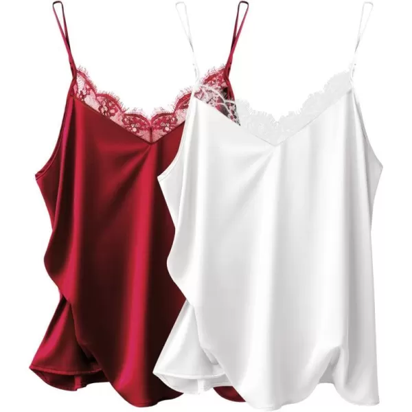 Ekouaer Womens 2 PCS Lace Silk Stain Cami Tank Top Basic V Neck Camisole Spaghetti Strap TopsWhiteamp Wine Red