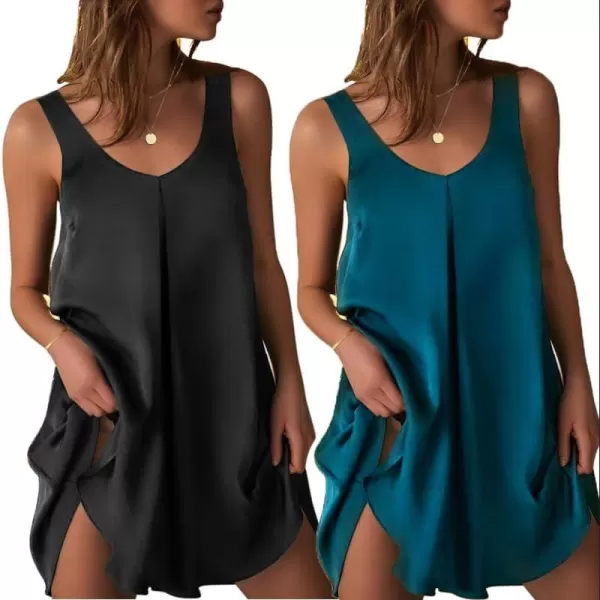 Ekouaer Womens 2 Pack Satin Silk Nightgown Sleeveless Sleep Dress V Neck Nightshirt Soft Tank Pleated NightdressBlackgreen