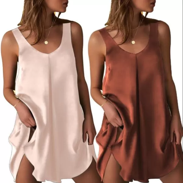 Ekouaer Womens 2 Pack Satin Silk Nightgown Sleeveless Sleep Dress V Neck Nightshirt Soft Tank Pleated NightdressChampagneclay