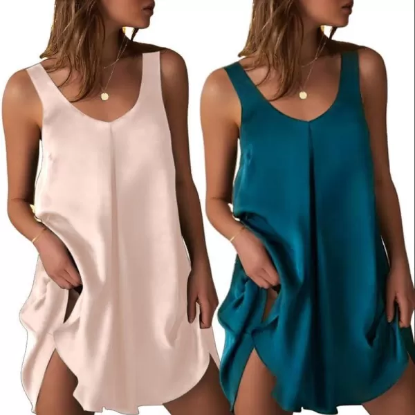 Ekouaer Womens 2 Pack Satin Silk Nightgown Sleeveless Sleep Dress V Neck Nightshirt Soft Tank Pleated NightdressChampagnegreen