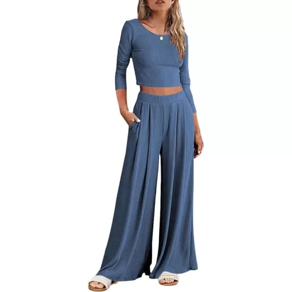 Ekouaer Womens 2 Piece Lounge Sets Ribbed Knit Crop Top Wide Leg Pants with Pockets SXXLLong Sleeve Navy Blue