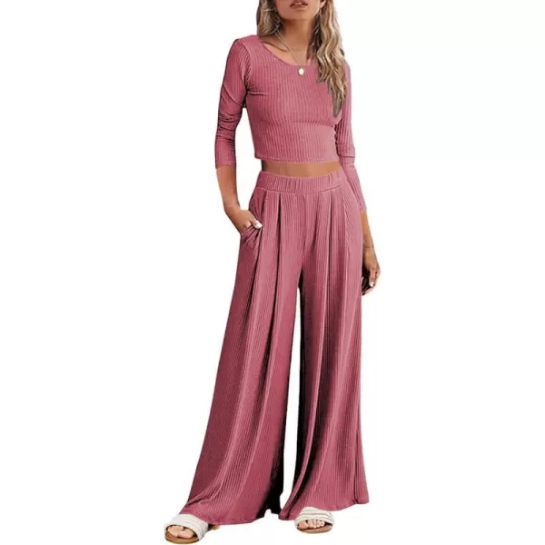 Ekouaer Womens 2 Piece Lounge Sets Ribbed Knit Crop Top Wide Leg Pants with Pockets SXXLLong Sleeve Old Rose