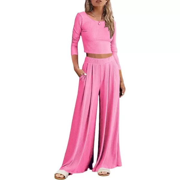 Ekouaer Womens 2 Piece Lounge Sets Ribbed Knit Crop Top Wide Leg Pants with Pockets SXXLLong Sleeve Rose Red