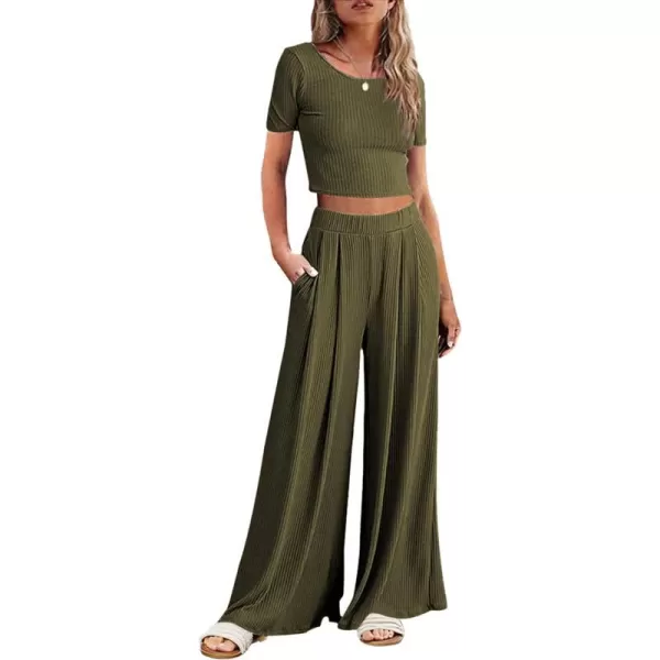 Ekouaer Womens 2 Piece Lounge Sets Ribbed Knit Crop Top Wide Leg Pants with Pockets SXXLShort Sleeve Army Green