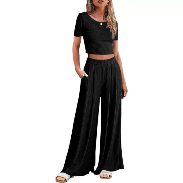 Ekouaer Womens 2 Piece Lounge Sets Ribbed Knit Crop Top Wide Leg Pants with Pockets SXXLShort Sleeve Black