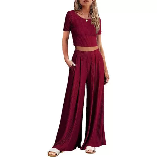 Ekouaer Womens 2 Piece Lounge Sets Ribbed Knit Crop Top Wide Leg Pants with Pockets SXXLShort Sleeve Burgundy