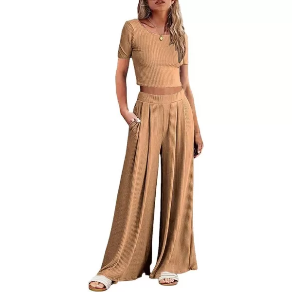 Ekouaer Womens 2 Piece Lounge Sets Ribbed Knit Crop Top Wide Leg Pants with Pockets SXXLShort Sleeve Dark Khaki