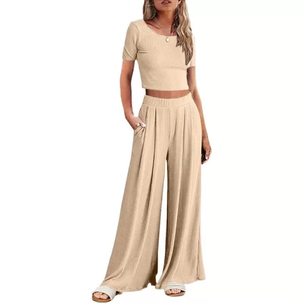 Ekouaer Womens 2 Piece Lounge Sets Ribbed Knit Crop Top Wide Leg Pants with Pockets SXXLShort Sleeve Khaki