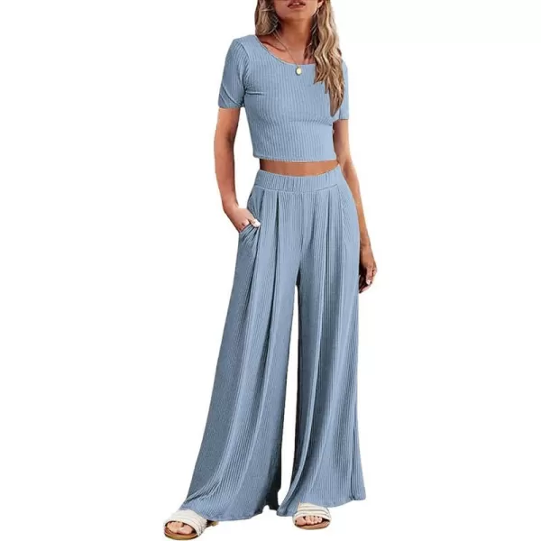 Ekouaer Womens 2 Piece Lounge Sets Ribbed Knit Crop Top Wide Leg Pants with Pockets SXXLShort Sleeve Light Blue