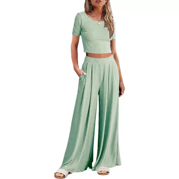 Ekouaer Womens 2 Piece Lounge Sets Ribbed Knit Crop Top Wide Leg Pants with Pockets SXXLShort Sleeve Light Green