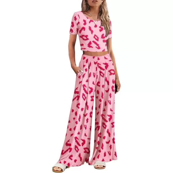 Ekouaer Womens 2 Piece Lounge Sets Ribbed Knit Crop Top Wide Leg Pants with Pockets SXXLShort Sleeve Pink Leopard