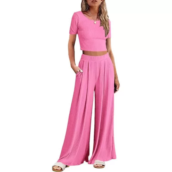 Ekouaer Womens 2 Piece Lounge Sets Ribbed Knit Crop Top Wide Leg Pants with Pockets SXXLShort Sleeve Rose Red