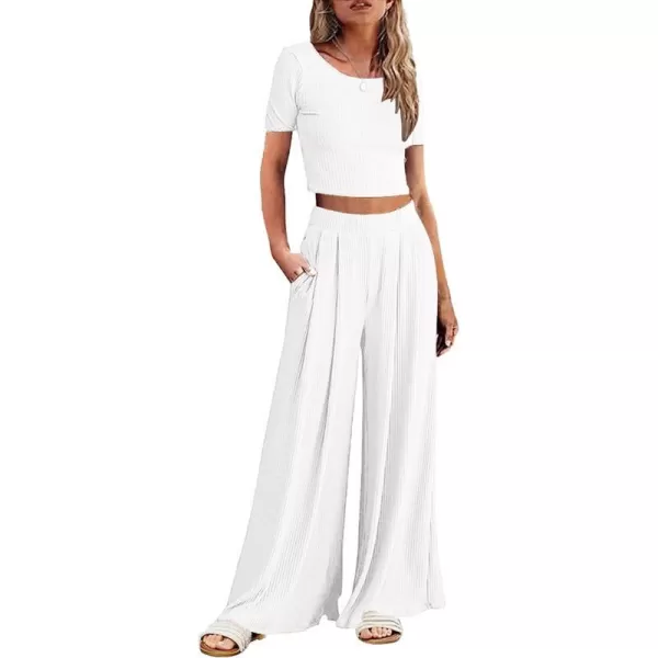 Ekouaer Womens 2 Piece Lounge Sets Ribbed Knit Crop Top Wide Leg Pants with Pockets SXXLShort Sleeve White