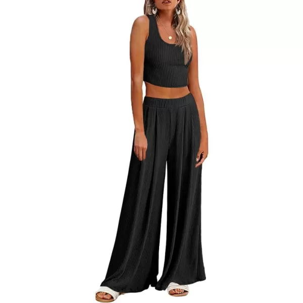 Ekouaer Womens 2 Piece Lounge Sets Ribbed Knit Crop Top Wide Leg Pants with Pockets SXXLSleeveless Black