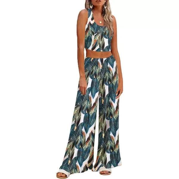 Ekouaer Womens 2 Piece Lounge Sets Ribbed Knit Crop Top Wide Leg Pants with Pockets SXXLSleeveless Bluegreen Leaves