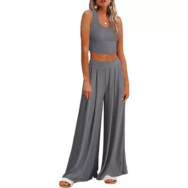 Ekouaer Womens 2 Piece Lounge Sets Ribbed Knit Crop Top Wide Leg Pants with Pockets SXXLSleeveless Dark Gray